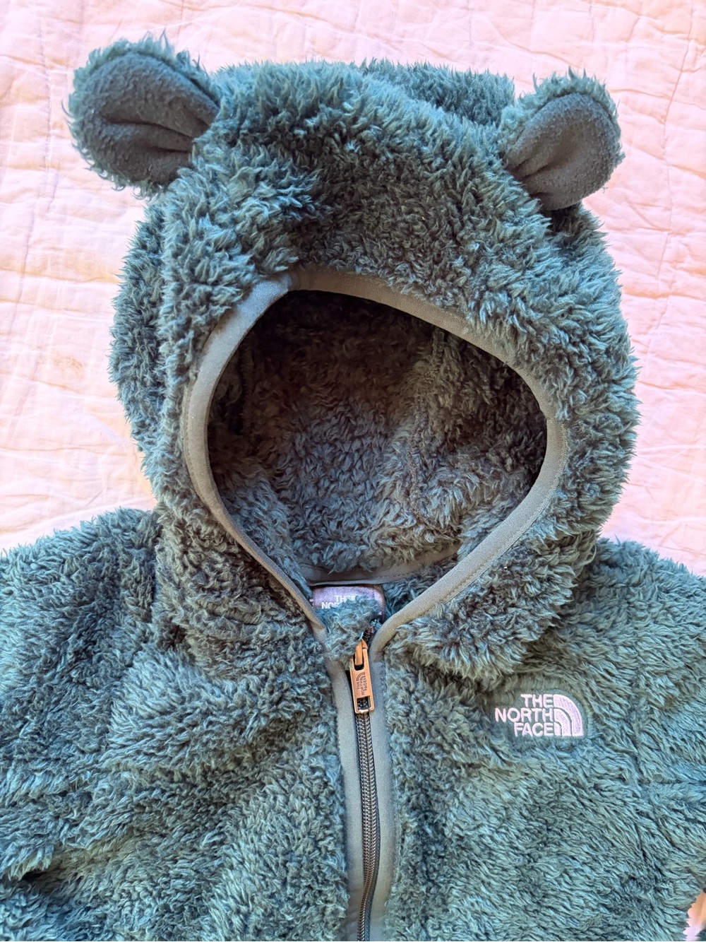 The North Face Forest Green Sherpa Hooded Baby Bunting with Bear Ears - Picture 3 of 4